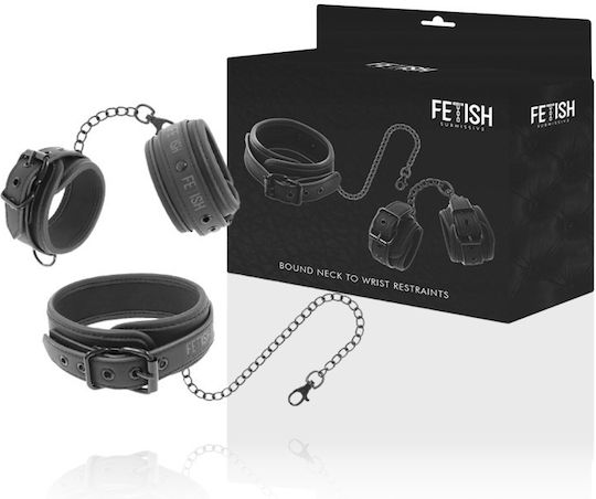Fetish Submissive Leather Collar & Wrist Cuffs Black