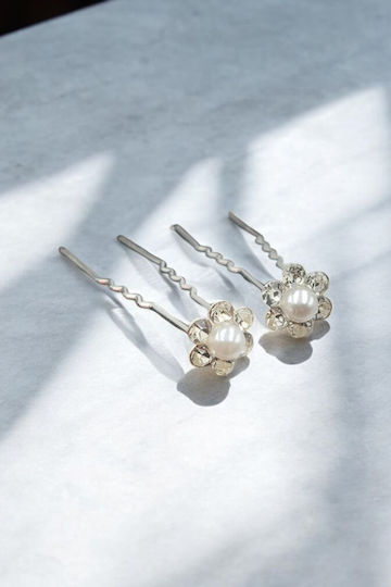 Bridal Hair Pins Silver Flower Shape Pearl 0.4cm in the Middle Set of 2 Pieces
