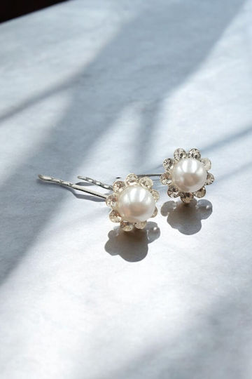 Bridal Hairpins Silver Flower Shape Pearl 0.6cm in the Middle 2pcs