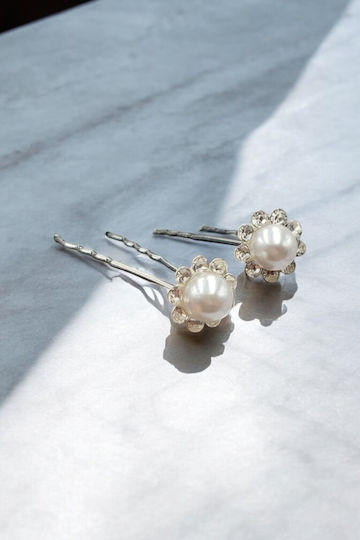 Bridal Hairpins Silver Flower Shape Pearl 0.6cm in the Middle 2pcs