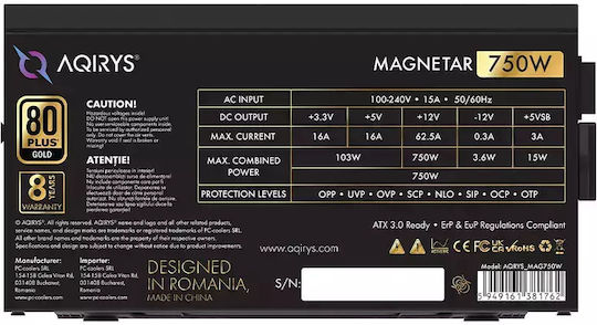Aqirys Magnetar 750W Μαύρο Τροφοδοτικό Υπολογιστή Full Wired 80 Plus Gold