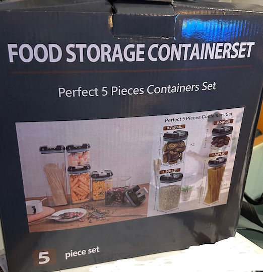 Food Set of 5 Pieces Jars for Sugar Cereal Pasta Coffee Tea with Airtight Lid Plastic Brown 1200ml