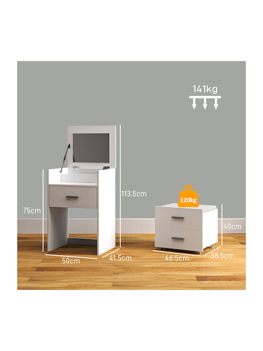 Floor-Standing Makeup Dressing Table Wooden White with Mirror and Stool 50x40x113.5cm