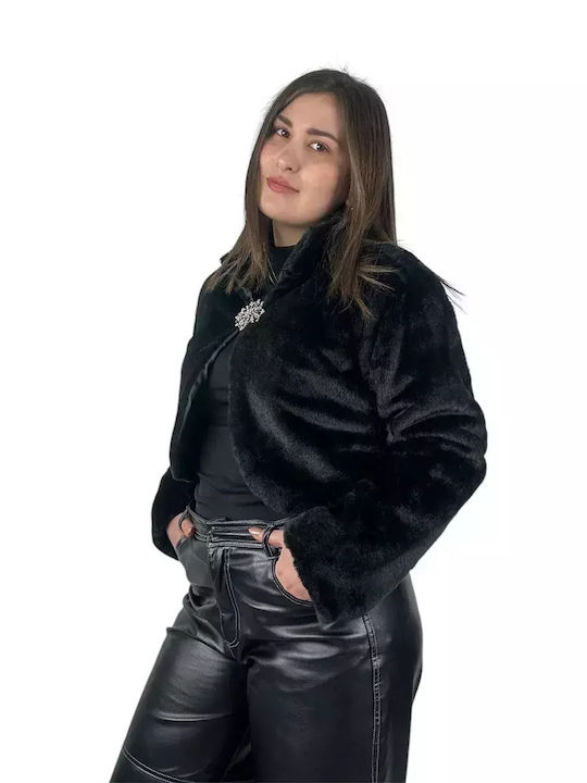 Crop Γυναικείο Μπουφάν για Χειμώνα Μαύρο