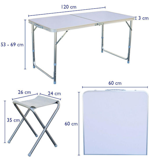 New Camp Aluminum Table Set for Camping Folding in Case 60x70x70cm White