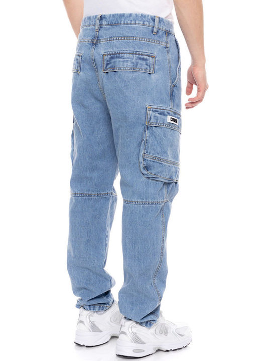 Men's Elastic Cargo Jeans Pants with Regular Fit Washed Blue Denim