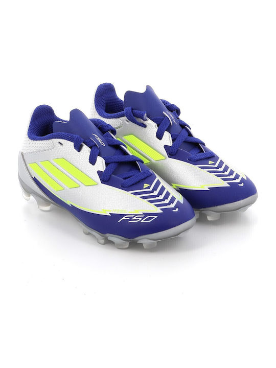 F50 Messi League MG Ghete De Fotbal Pentru Copii Cu Crampoane Argintiu Metalizat Solar Yellow Lucid Blue