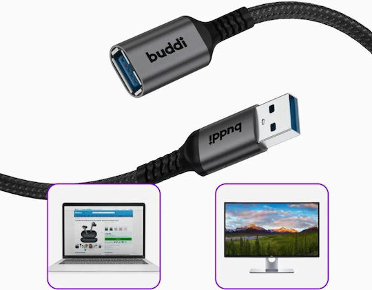 Buddi USB 2.0 Kabel USB-A-Stecker - USB-A-Stecker / USB-A-Buchse / USB-B-Stecker Schwarz 4.5m