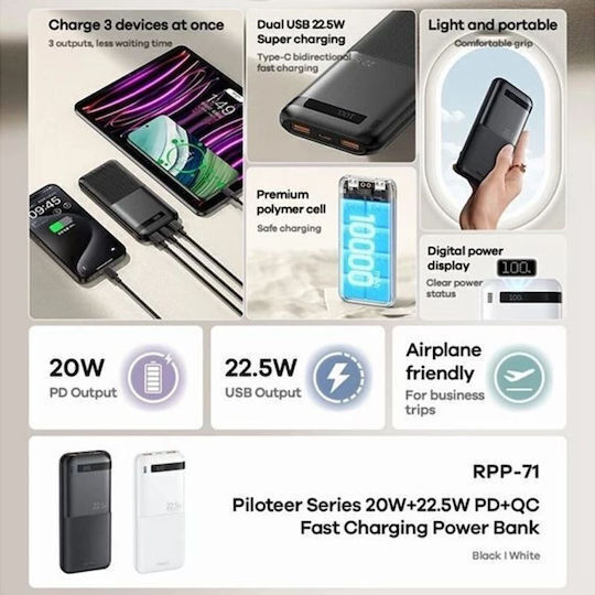 Remax RPP-71 Piloteer Series Power Bank 10000mAh 22.5W with 2 USB-A Ports and USB-C Port Power Delivery / Quick Charge 3.0 Black