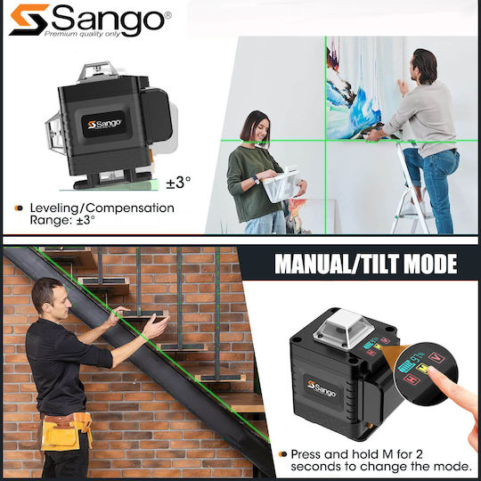 Sango Αυτορυθμιζόμενο Γραμμικό Αλφάδι Laser Πράσινης Δέσμης 3.7V με Εύρος Εργασίας 40m