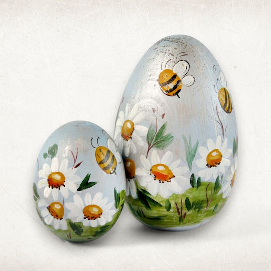 Holzdeko-Ei „weiße Gänseblümchen Bienen“ Ø6cm x 8cm