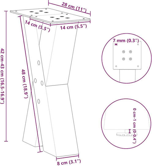 vidaXL Metallic Furniture Leg 2 Pieces Suitable for Table / Coffee Table / Office 28x42x42cm Brown