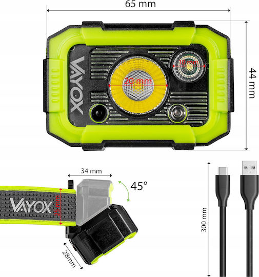 Vayox Επαναφορτιζόμενος Φακός Κεφαλής LED IP66 με Μέγιστη Φωτεινότητα 750lm