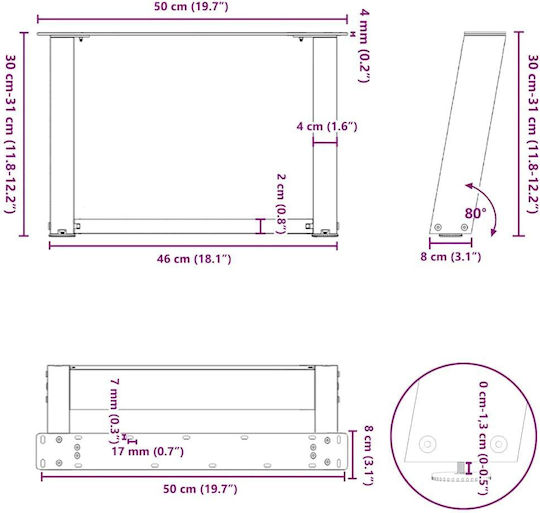 vidaXL Metallic Furniture Leg 2 Pieces Suitable for Table / Coffee Table / Office 50x30cm Anthracite Brown