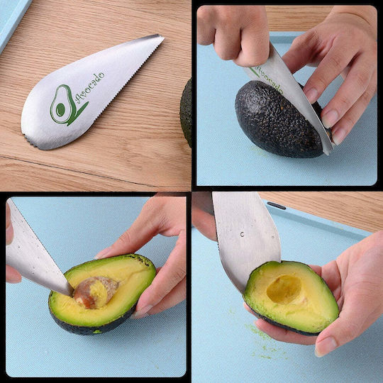 Tăietor special de avocado Flippy 3 în 1 formă curbată zimțată pentru prindere și tăiere, din oțel inoxidabil, 15 x 6 cm, gri