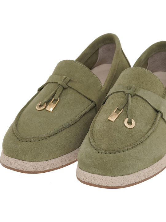Leather Women's Loafers in Green Color