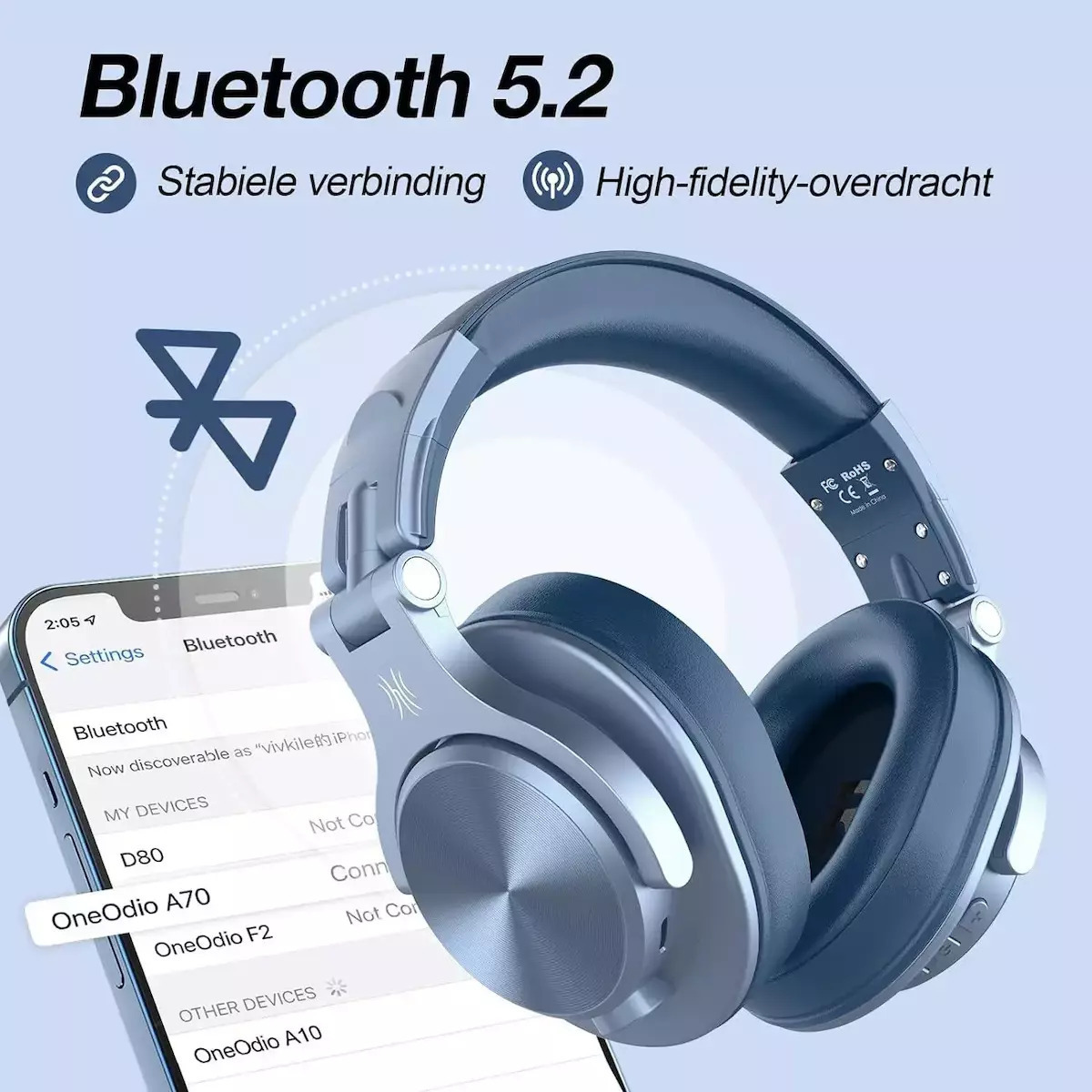 OneOdio Fusion A70 Ασύρματα / Ενσύρματα Over Ear Ακουστικά με 72 ώρες Λειτουργίας Μπλε