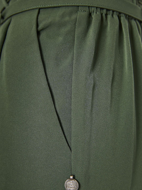 Damen Hoch tailliert Stoff Hose mit Gummizug Khaki