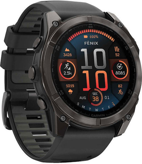 Garmin Fenix 8 Oțel inoxidabil 51mm Rezistent la apă Smartwatch cu Pulsometru (Sapphire, Carbon Grey Dlc With Black/Pebble Grey Silicone Band)