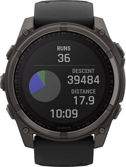 Garmin Fenix 8 Solar Титан 51мм Водоустойчив Смартчасовник с Пулсомер (Sapphire, Carbon Grey Dlc Titanium With Black/pebble Grey Silicone Band)