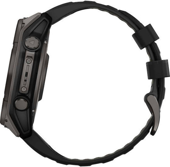 Garmin Fenix 8 Solar Титан 51мм Водоустойчив Смартчасовник с Пулсомер (Sapphire, Carbon Grey Dlc Titanium With Black/pebble Grey Silicone Band)