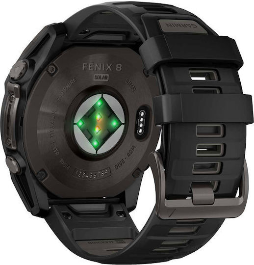 Garmin Fenix 8 Solar Титан 51мм Водоустойчив Смартчасовник с Пулсомер (Sapphire, Carbon Grey Dlc Titanium With Black/pebble Grey Silicone Band)