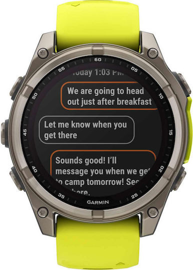 Garmin Fenix 8 Solar Titanium 47mm Αδιάβροχο Smartwatch με Παλμογράφο (Sapphire, Titanium With Amp Yellow/Graphite Silicone Band)
