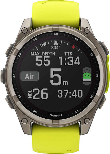 Garmin Fenix 8 Solar Titanium 47mm Αδιάβροχο Smartwatch με Παλμογράφο (Sapphire, Titanium With Amp Yellow/Graphite Silicone Band)