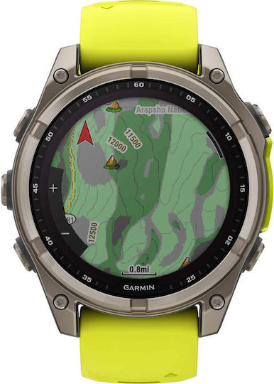 Garmin Fenix 8 Solar Titanium 47mm Αδιάβροχο Smartwatch με Παλμογράφο (Sapphire, Titanium With Amp Yellow/Graphite Silicone Band)
