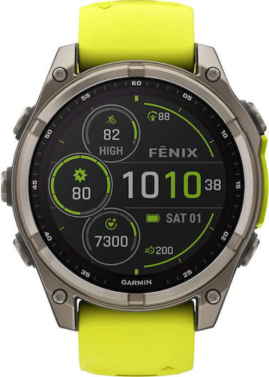 Garmin Fenix 8 Solar Titanium 47mm Αδιάβροχο Smartwatch με Παλμογράφο (Sapphire, Titanium With Amp Yellow/Graphite Silicone Band)