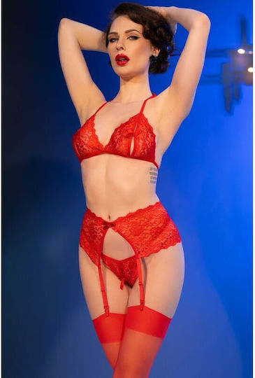 Chilirose Sexy Σετ Εσωρούχων με Δαντέλα & Ζαρτιέρες Κόκκινο