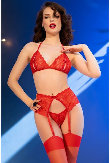 Chilirose Sexy Σετ Εσωρούχων με Δαντέλα & Ζαρτιέρες Κόκκινο