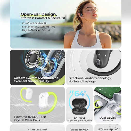Havit OWS915 Open Ear Bluetooth Handsfree Ακουστικά με Αντοχή στον Ιδρώτα και Θήκη Φόρτισης Μαύρα
