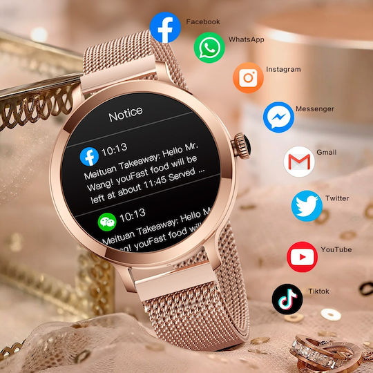 Aoke NX7 Smartwatch με Παλμογράφο (Ροζ - Χρυσή Κάσα / Ροζ - Χρυσό Μεταλλικό Λουρί)