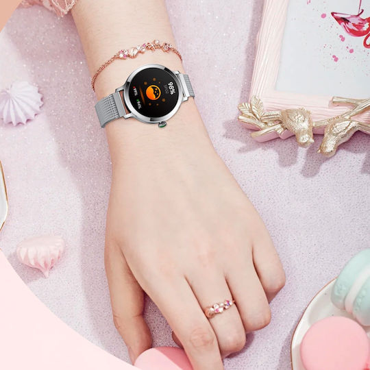Aoke NX7 Smartwatch με Παλμογράφο (Ροζ - Χρυσή Κάσα / Ροζ - Χρυσό Μεταλλικό Λουρί)
