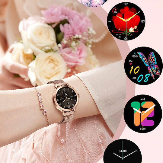 Aoke NX7 Smartwatch με Παλμογράφο (Ροζ - Χρυσή Κάσα / Ροζ - Χρυσό Μεταλλικό Λουρί)