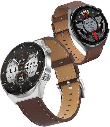 NO.1 DT3 PRO Max Smartwatch with Heart Rate Monitor (Silver Case / Brown Leather Strap)