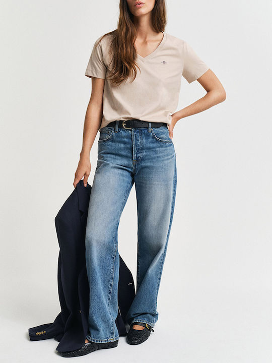 Women's T-shirt with V Neckline Sandy Brown