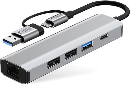 Tech-Protect HB03 Hub 4 Θυρών USB 3.0 με σύνδεση USB-A / USB-C / Ethernet Γκρι