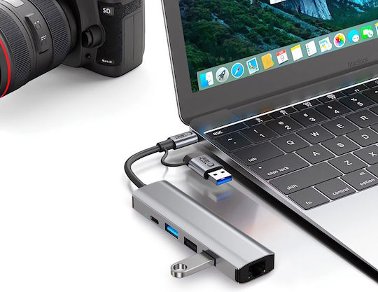 Tech-Protect HB03 Hub 4 Θυρών USB 3.0 με σύνδεση USB-A / USB-C / Ethernet Γκρι