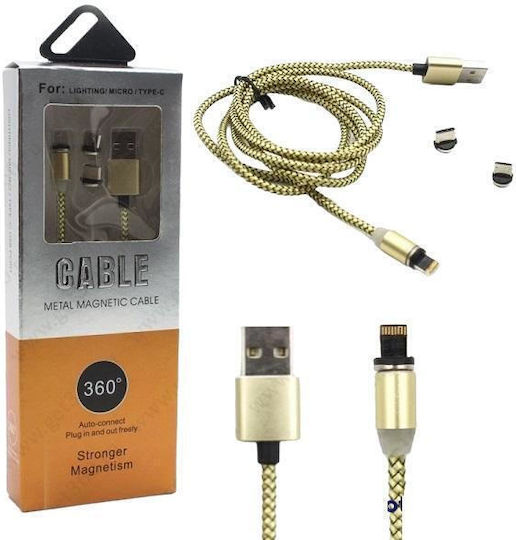 X-cable Braided / Magnetic Cablu USB la Lightning / Type-C / micro USB cu mai multe porturi Auriu 1m