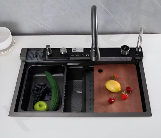 Plantex Smart Dual Waterfall Kitchen Sink 304 Grade Stainless Steel Sink Digital Display Led Panel Integrated Waterfalls & Pull Down Faucet Multifunctional Sink 30x18 Inches Nano Black
