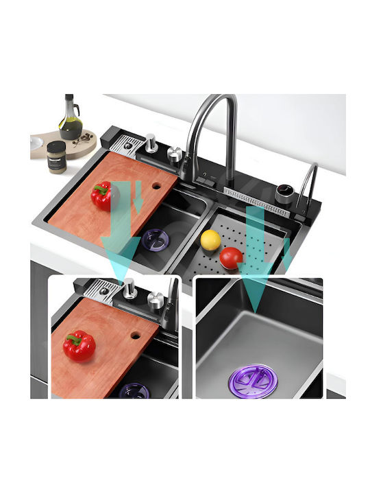 Plantex Smart Dual Waterfall Kitchen Sink 304 Grade Stainless Steel Sink Digital Display Led Panel Integrated Waterfalls & Pull Down Faucet Multifunctional Sink 30x18 Inches Nano Black