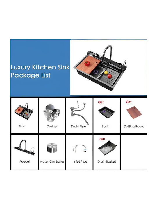 Plantex Smart Dual Waterfall Kitchen Sink 304 Grade Stainless Steel Sink Digital Display Led Panel Integrated Waterfalls & Pull Down Faucet Multifunctional Sink 30x18 Inches Nano Black