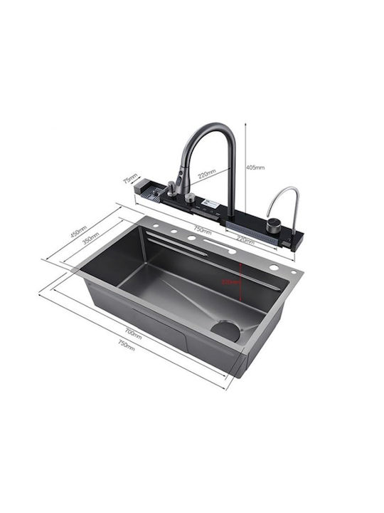 Plantex Smart Dual Waterfall Kitchen Sink 304 Grade Stainless Steel Sink Digital Display Led Panel Integrated Waterfalls & Pull Down Faucet Multifunctional Sink 30x18 Inches Nano Black