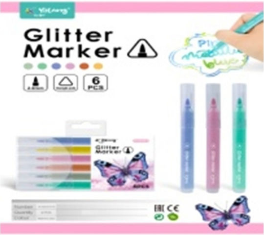 Yalong Glitter Neon Drawing Markers Thick Set 6pcs