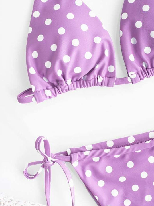 Set Bikini 3 Τεμαχίων Τριγωνάκι με Αφαιρούμενη Ενίσχυση Πουά Λιλά