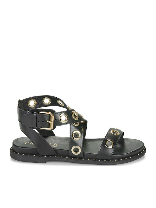Carmela Leather Women's Flat Sandals with Strap in Black Color