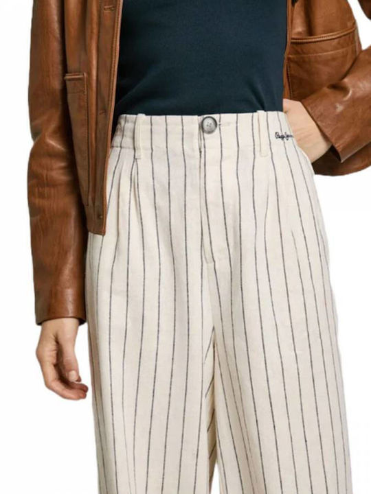 Herly Women's High-waisted Linen Trousers Striped White
