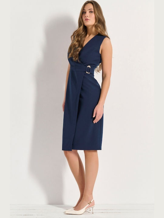 Summer Midi Sleeveless Wrap Navy Blue Dress